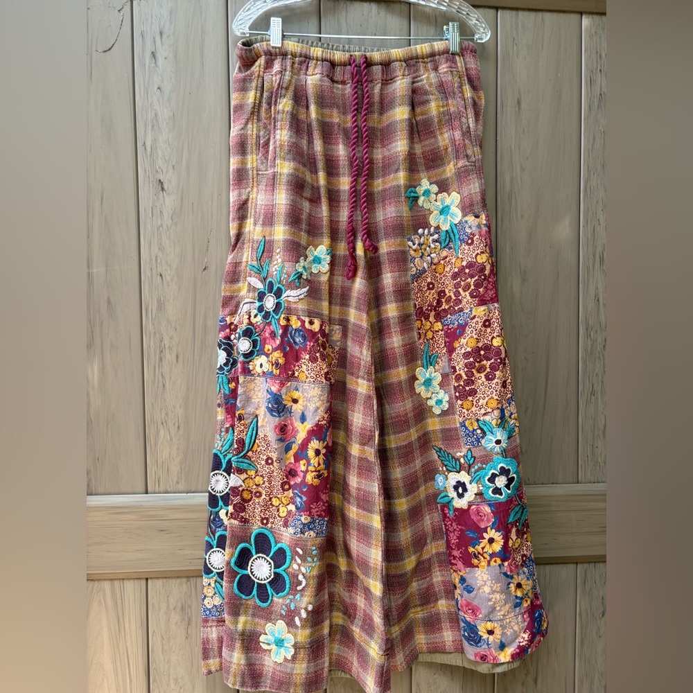Free People Brooks Embroidered Wide-Leg Patchwork Pants Green Combo - Picture 11 of 15